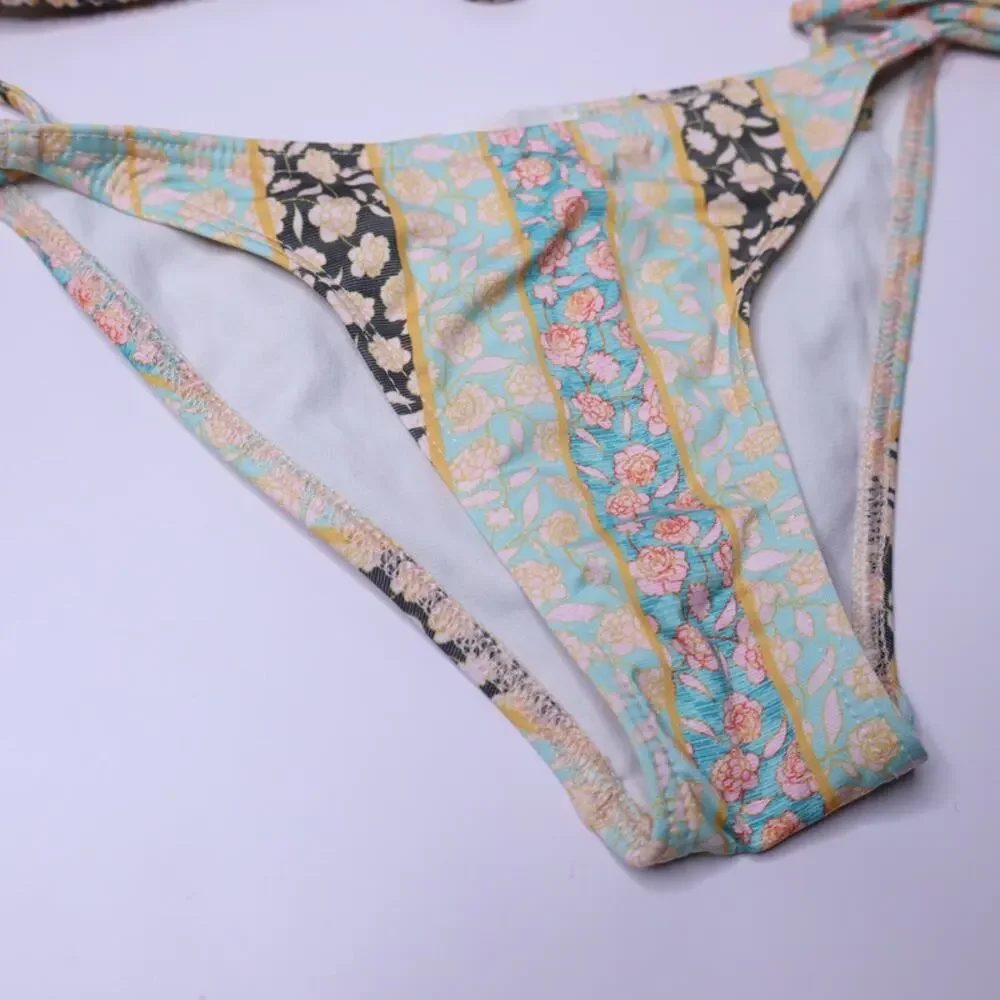 TULAROSA Two-Piece String Bikini Set Floral Green Halter Side Tie Women's XS/S